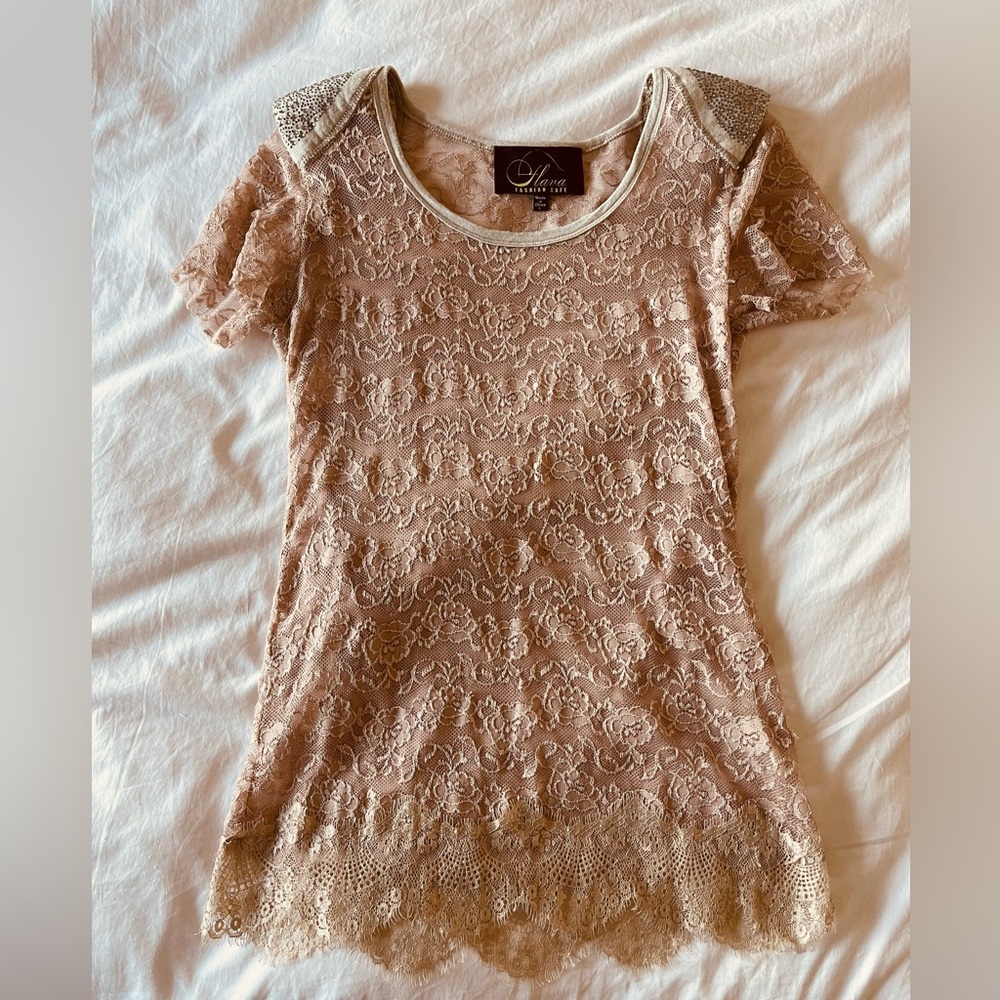 Vintage Sheer Lace Top With Rhinestones